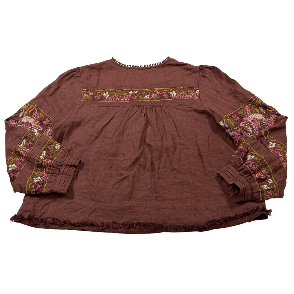Sundance Brown Embroidered Linen Bird Floral Peasant Blouse PM Boho Fringe Top - Picture 5 of 11